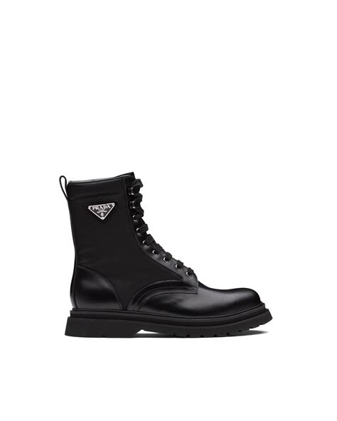 Black Brushed Leather Combat Boots .